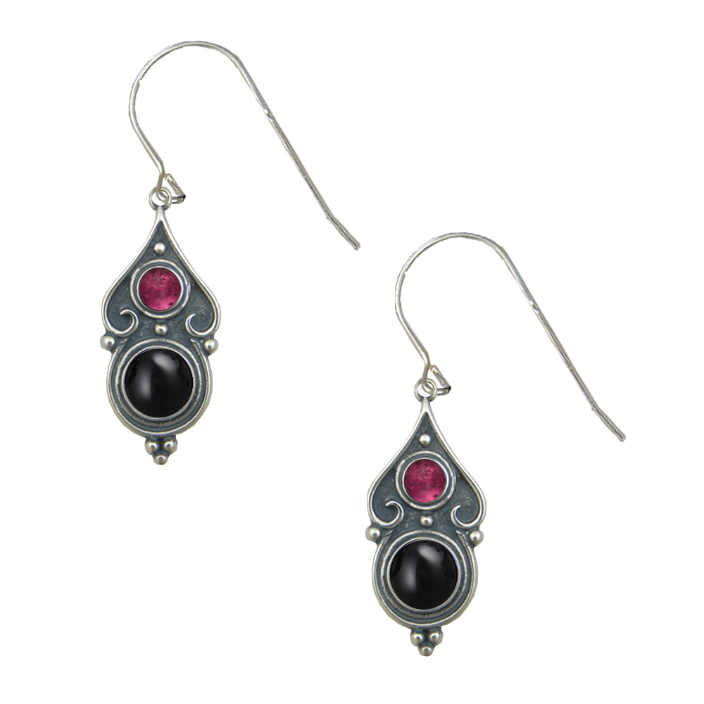 Sterling Silver Designer Post Stud Earrings With Black Onyx And Pink Tourmaline